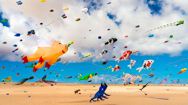 Kites beach sky clouds children free wallpaper for desktop - medium preview image