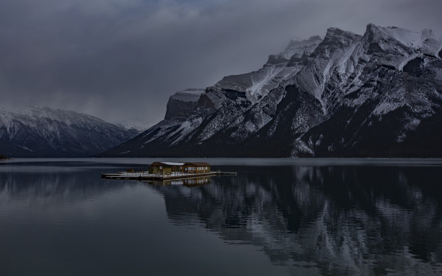 Boat lake mountain snow minimalism free wallpaper for desktop - medium preview image