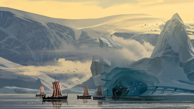 Ship ocean mountain iceberg fantasy free wallpaper for desktop - medium preview image