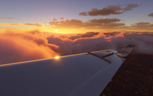 Plane wing sunset clouds volumetric free wallpaper for desktop - medium preview image