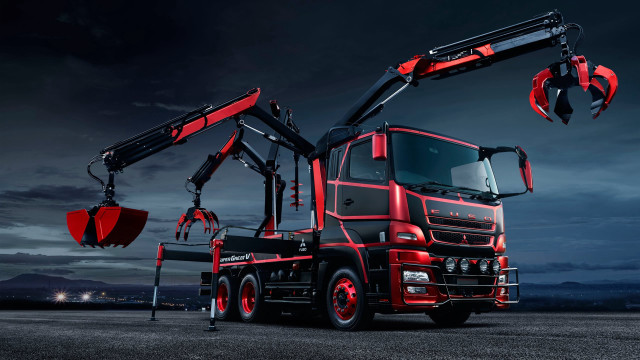 Red truck crane dark field free wallpaper for desktop - medium preview image