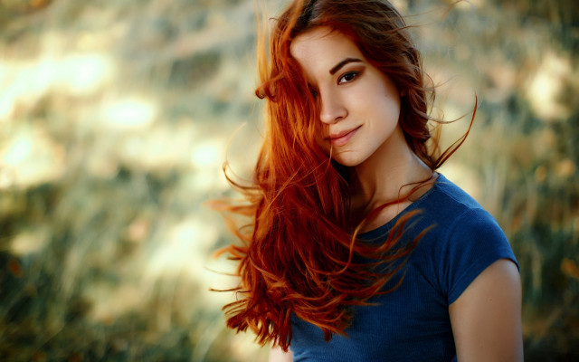 Red haired woman woods portrait free wallpaper for desktop - medium preview image