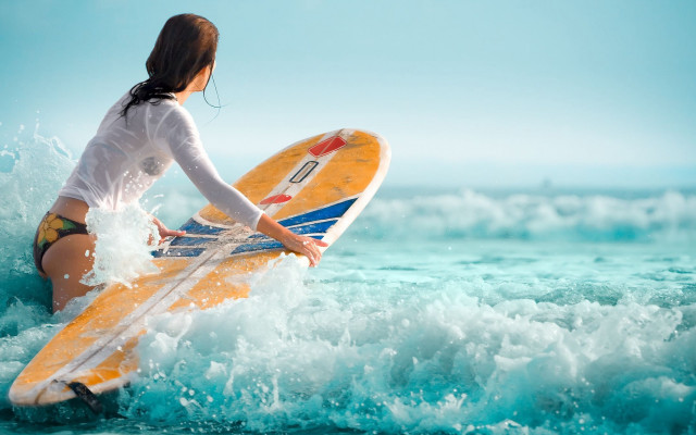 Woman surfboard beach ocean waves free wallpaper for desktop - medium preview image