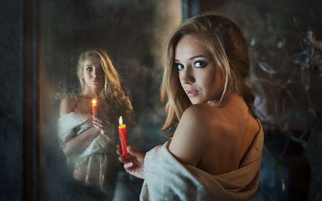 Woman candle mirror reflection background free wallpaper for desktop - medium preview image