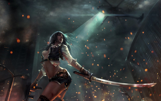 Woman sword dark room light #2 free wallpaper for desktop - medium preview image