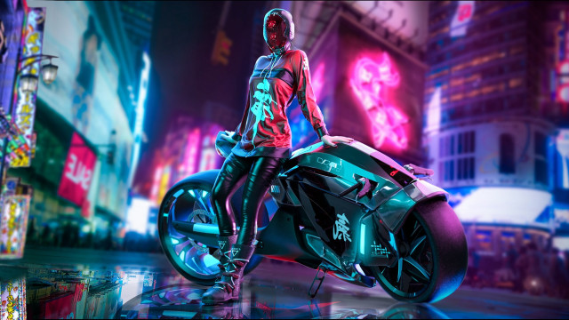 Neon cyberpunk motorcycle city night free wallpaper for desktop - medium preview image