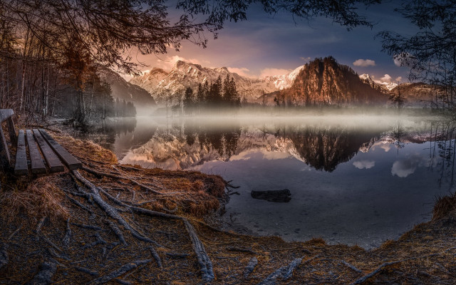 Lake mountains fog mystical bench free wallpaper for desktop - medium preview image