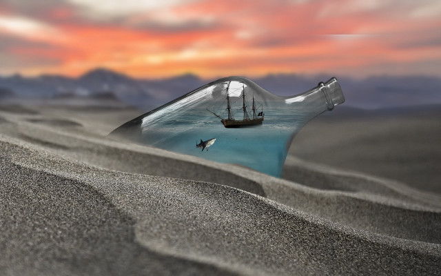 Bottle ship ocean sunset bird free wallpaper for desktop - medium preview image