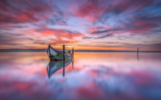 Boat water sunset dock mystical free wallpaper for desktop - medium preview image