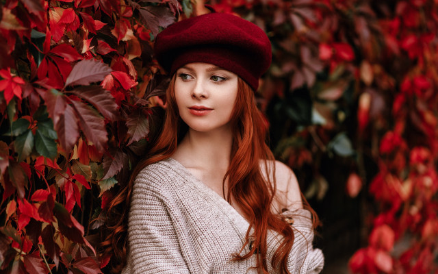 Red hair woman autumn leaves free wallpaper for desktop - medium preview image