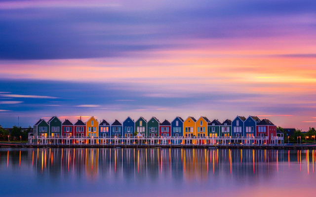 Colorful houses lake pier sunset free wallpaper for desktop - medium preview image