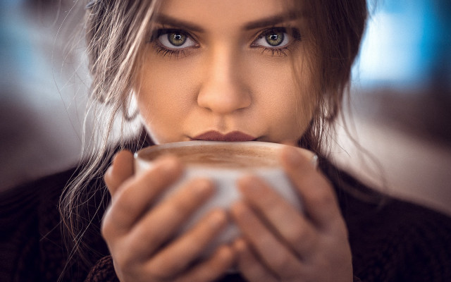 Woman coffee serious eyes blurry free wallpaper for desktop - medium preview image