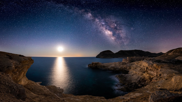 Ocean stars moon night cliff free wallpaper for desktop - medium preview image