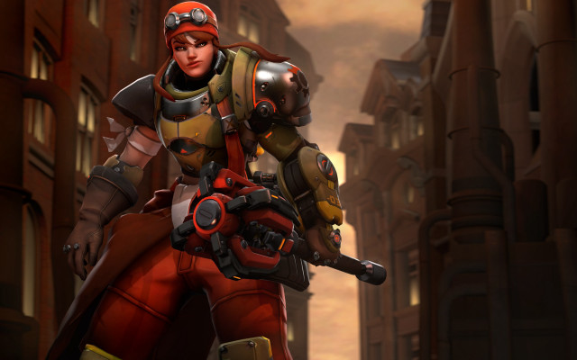 Woman red yellow outfit gun free wallpaper for desktop - medium preview image