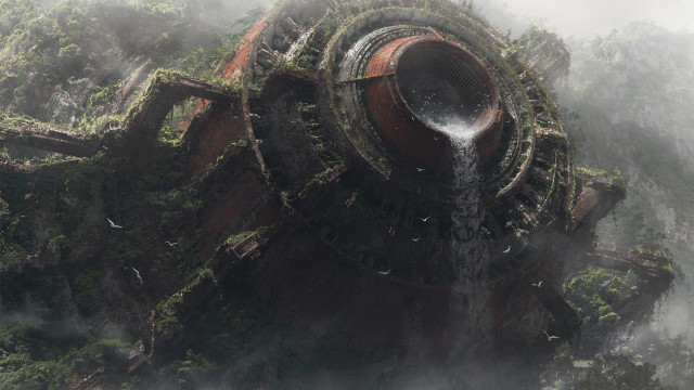 Futuristic city waterfall birds foggy free wallpaper for desktop - medium preview image