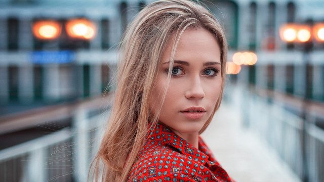 Blonde woman building lights red free wallpaper for desktop - medium preview image