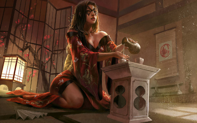 Woman red dress teapot lantern free wallpaper for desktop - medium preview image