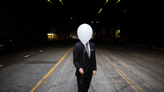 Surreal man suit balloon street free wallpaper for desktop - medium preview image