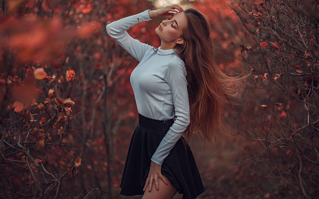 Woman forest autumn longhair sky free wallpaper for desktop - medium preview image