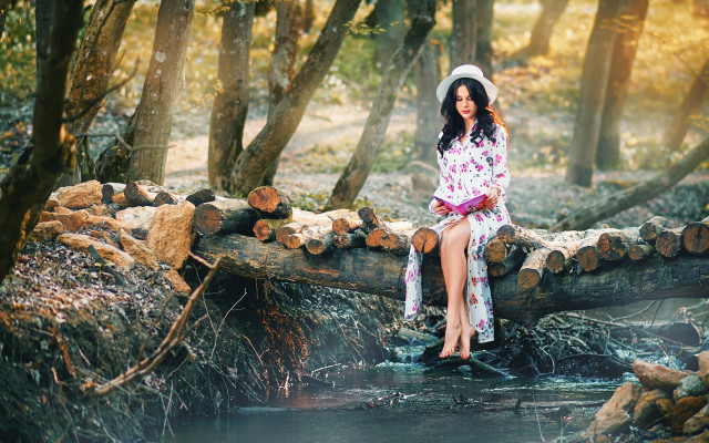 Woman forest river kimono barefoot free wallpaper for desktop - medium preview image