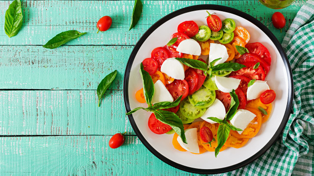 Tomatoes mozzarella basil blue table free wallpaper for desktop - medium preview image