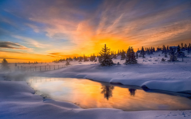 Sunset snowy landscape pond trees free wallpaper for desktop - medium preview image