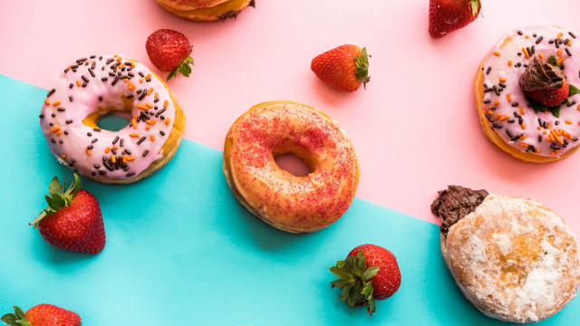 Doughnuts toppings blue pink strawberries free wallpaper for desktop - medium preview image