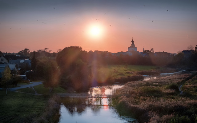 River green countryside sunset church free wallpaper for desktop - medium preview image