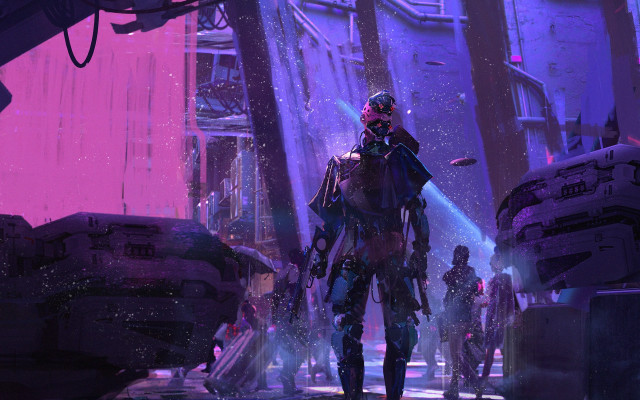 Futuristic man purple city pink free wallpaper for desktop - medium preview image