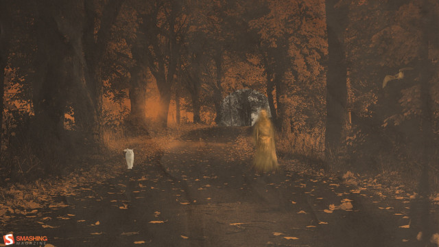 Woman yellow dress walking path free wallpaper for desktop - medium preview image