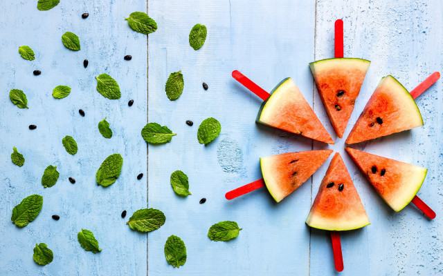Watermelon slice mint leaves blue free wallpaper for desktop - medium preview image