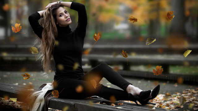 Woman sitting bench falling leaves free wallpaper for desktop - medium preview image