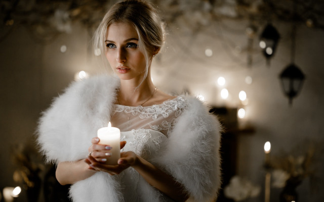 Woman white dress candle feather free wallpaper for desktop - medium preview image