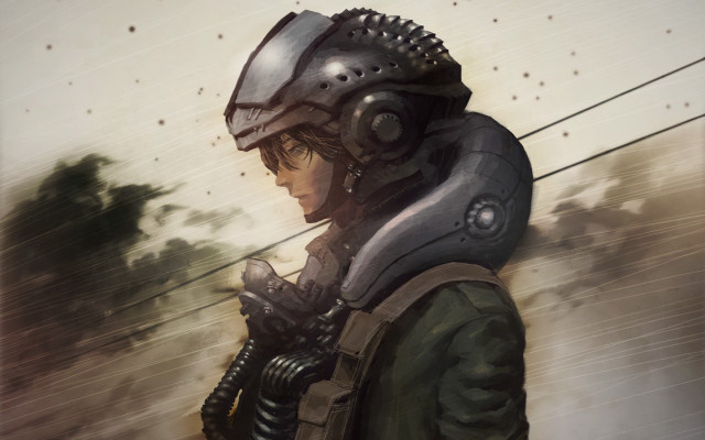 Man helmet gun trees dieselpunk free wallpaper for desktop - medium preview image