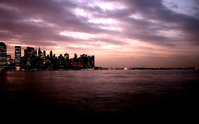 City skyline water dusk purple free wallpaper for desktop - medium preview image
