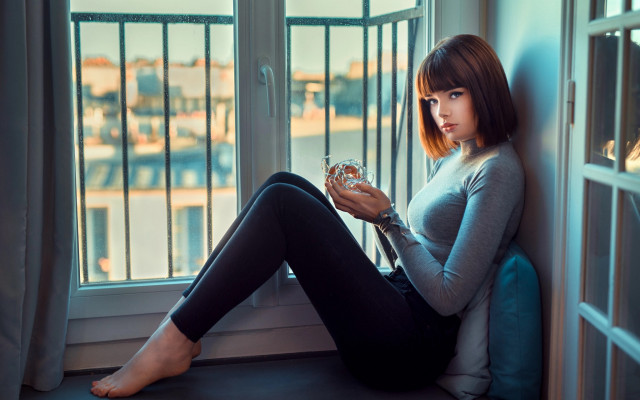 Woman sitting window wine artnouveau free wallpaper for desktop - medium preview image