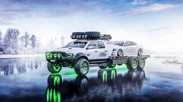 White truck lake mountains nature free wallpaper for desktop - medium preview image