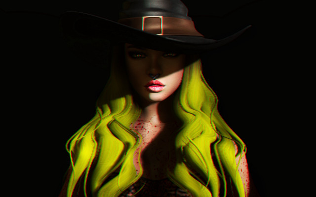 Woman greenhair yellowdress blackhat blood free wallpaper for desktop - medium preview image