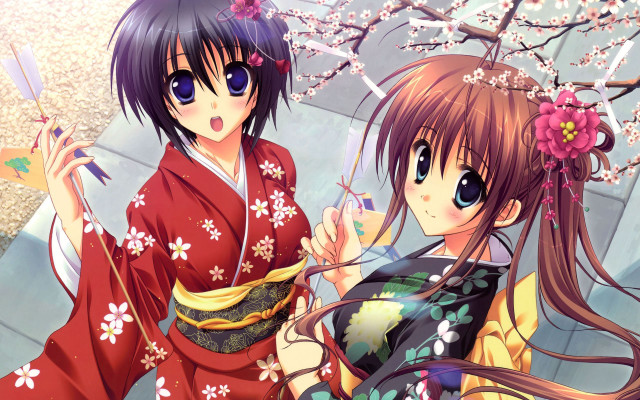 Anime girls kimono umbrella cherry free wallpaper for desktop - medium preview image