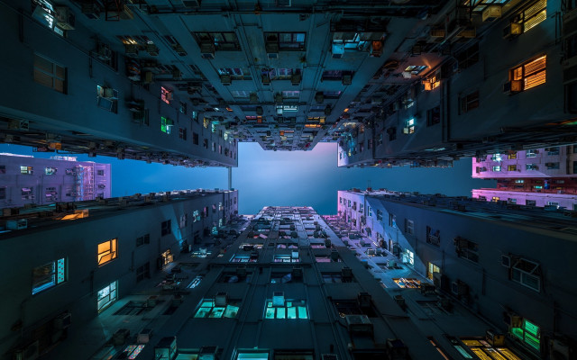 Tall building neon lights cyberpunk free wallpaper for desktop - medium preview image