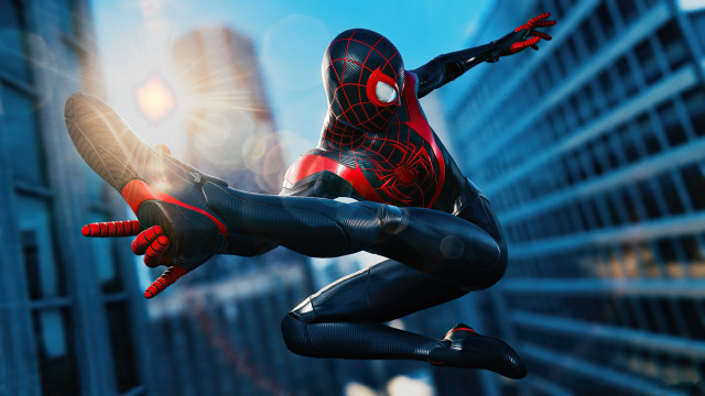 Spiderman flying city skyscrapers bright free wallpaper for desktop - medium preview image