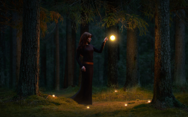 Woman forest moonlight magic fireflies free wallpaper for desktop - medium preview image