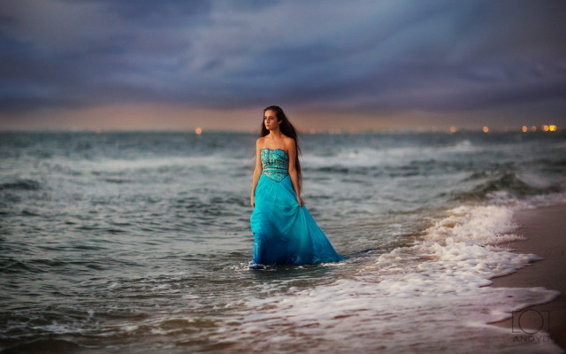 Woman blue dress ocean sunset free wallpaper for desktop - medium preview image
