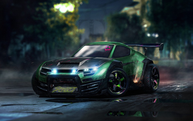 Green car red light cyberpunk free wallpaper for desktop - medium preview image
