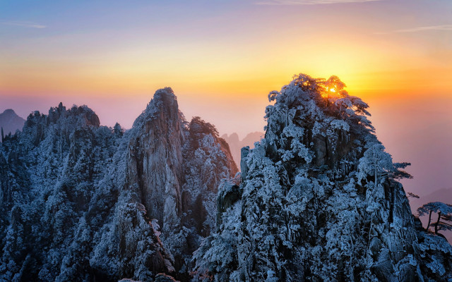 Mountain sunset snow trees clouds free wallpaper for desktop - medium preview image