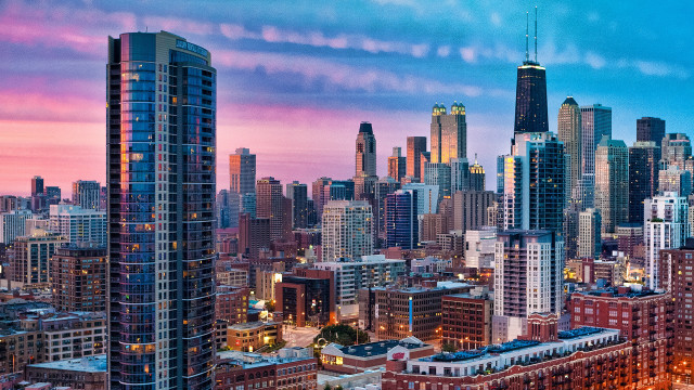 City skyline train dusk pink free wallpaper for desktop - medium preview image