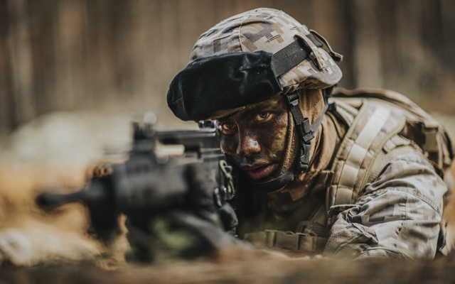 Soldier crouching camouflage gun grass free wallpaper for desktop - medium preview image