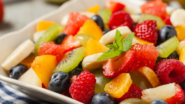 Fruit salad blue checkered cloth free wallpaper for desktop - medium preview image