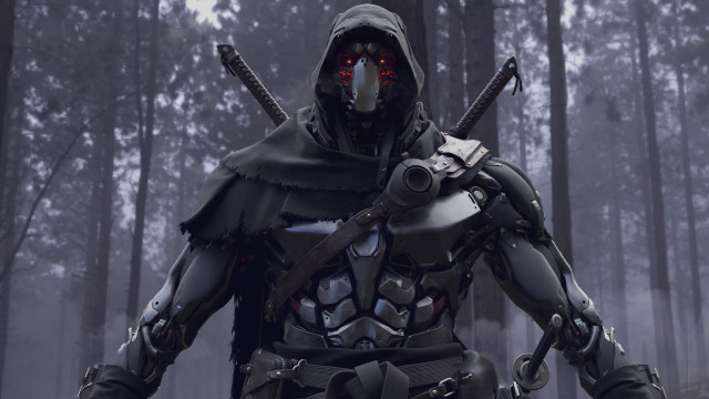 Hooded suit man swords forest free wallpaper for desktop - medium preview image