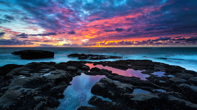 Sunset ocean rocks water bridge free wallpaper for desktop - medium preview image